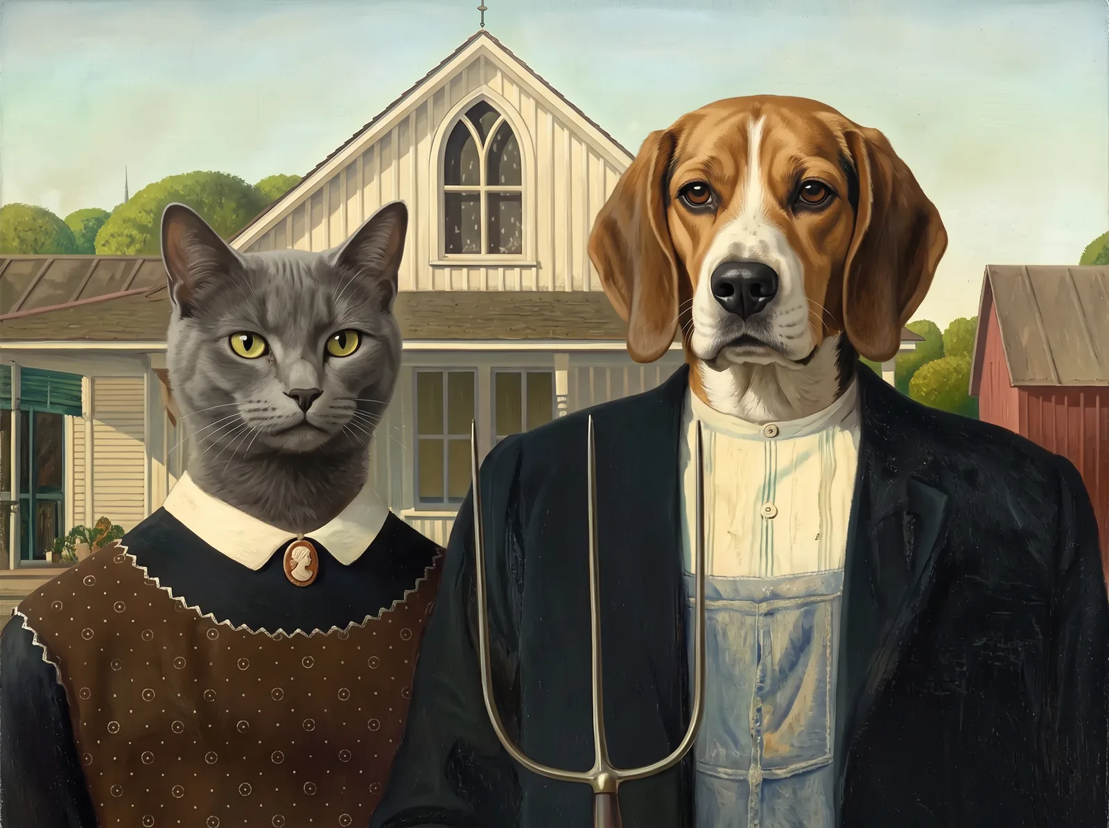 american-gothic portrait of the same AI-generated sample pet