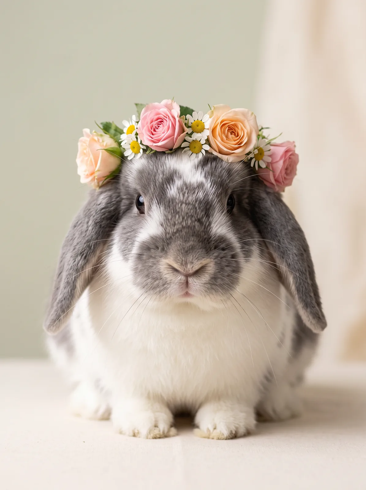 floral-crown portrait of the same AI-generated sample pet