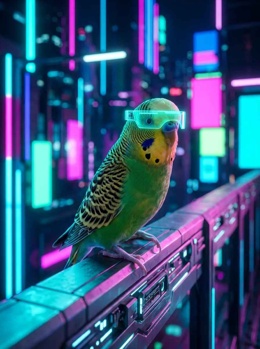 neon-future portrait of the same AI-generated sample pet