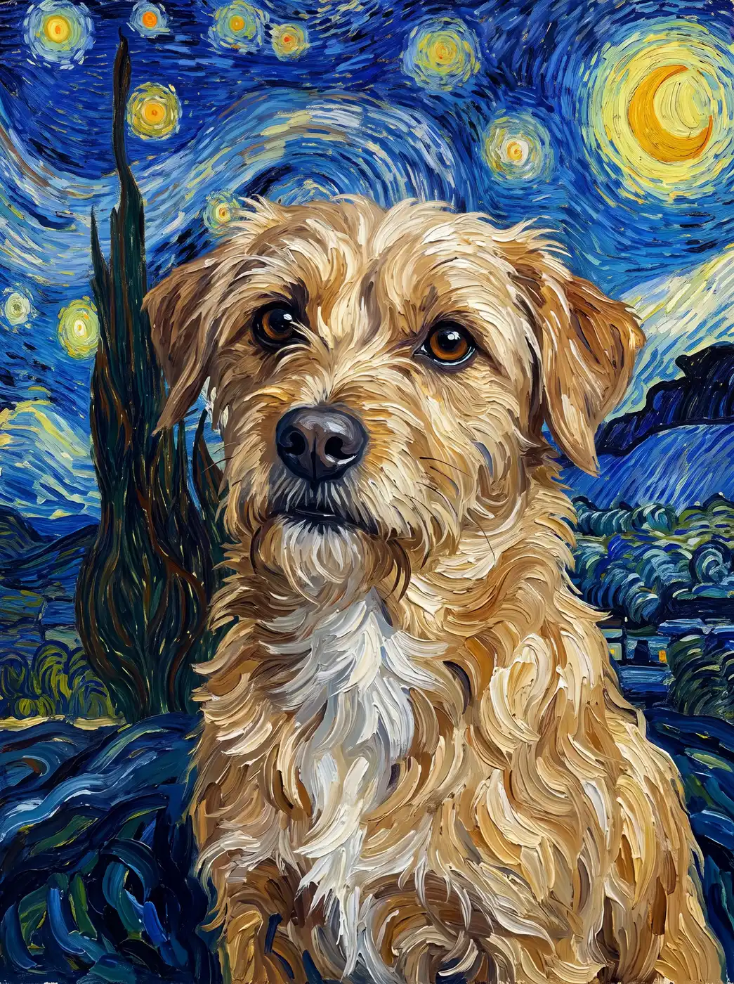 starry-night portrait of the same AI-generated sample pet