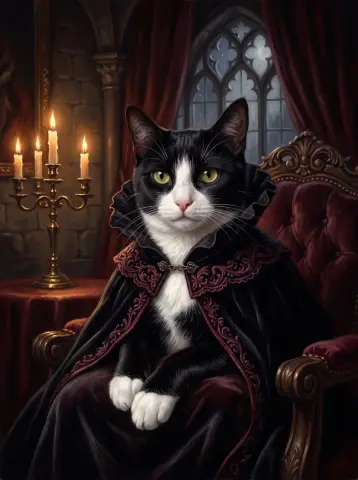 Gothic AI portrait of the same sample cat