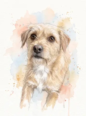 Watercolor AI portrait of the same sample dog