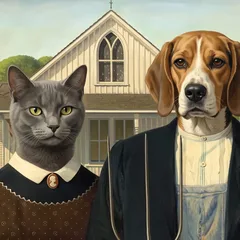 American Gothic portrait of an AI-generated sample pet