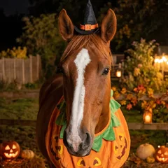 Halloween portrait of an AI-generated sample horse